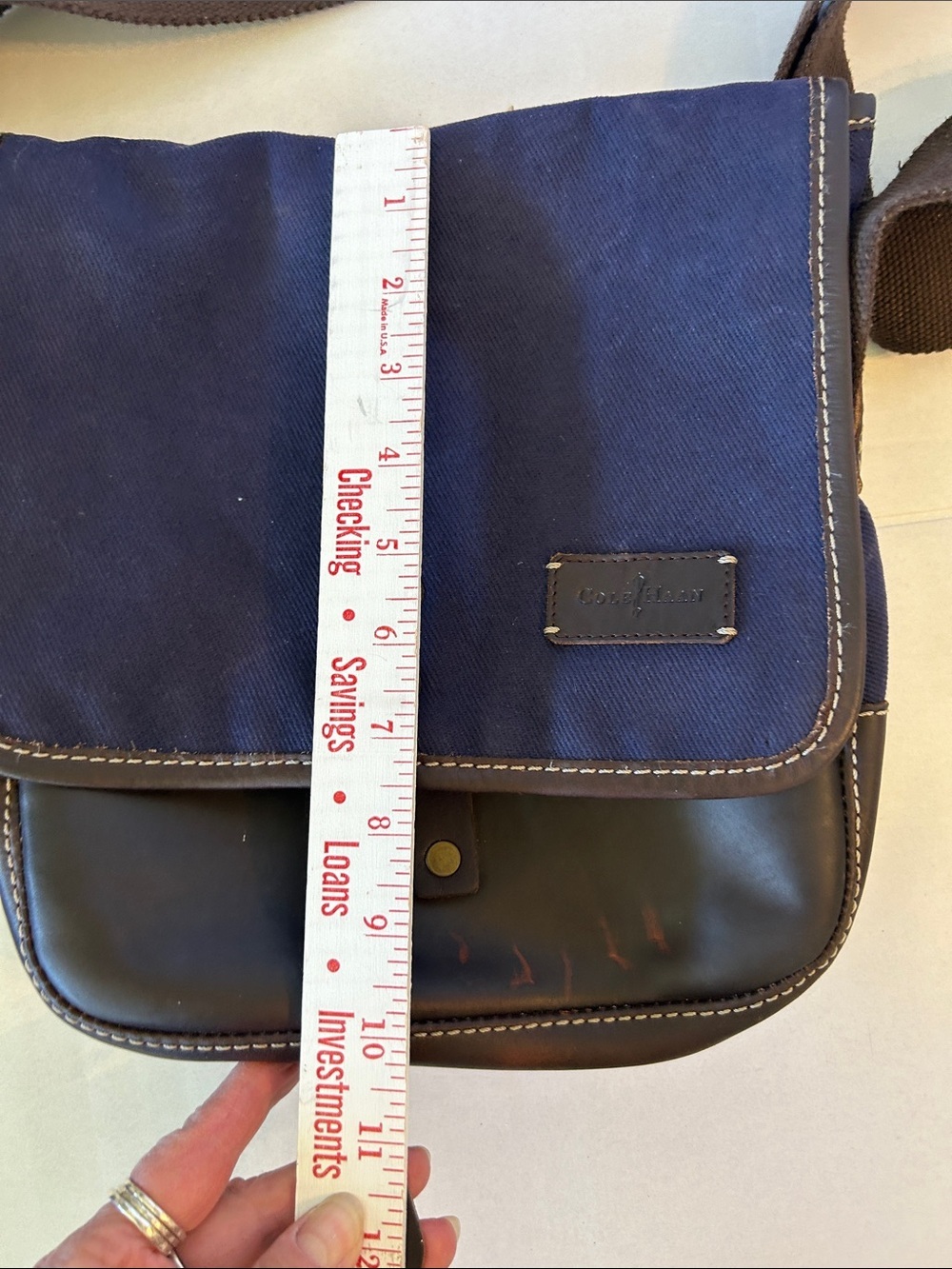 COLE HAAN BLUE CANVAS AND BROWN LEATHER  CARRY SATCHEL /MESSENGER BAG - Picture 15 of 16